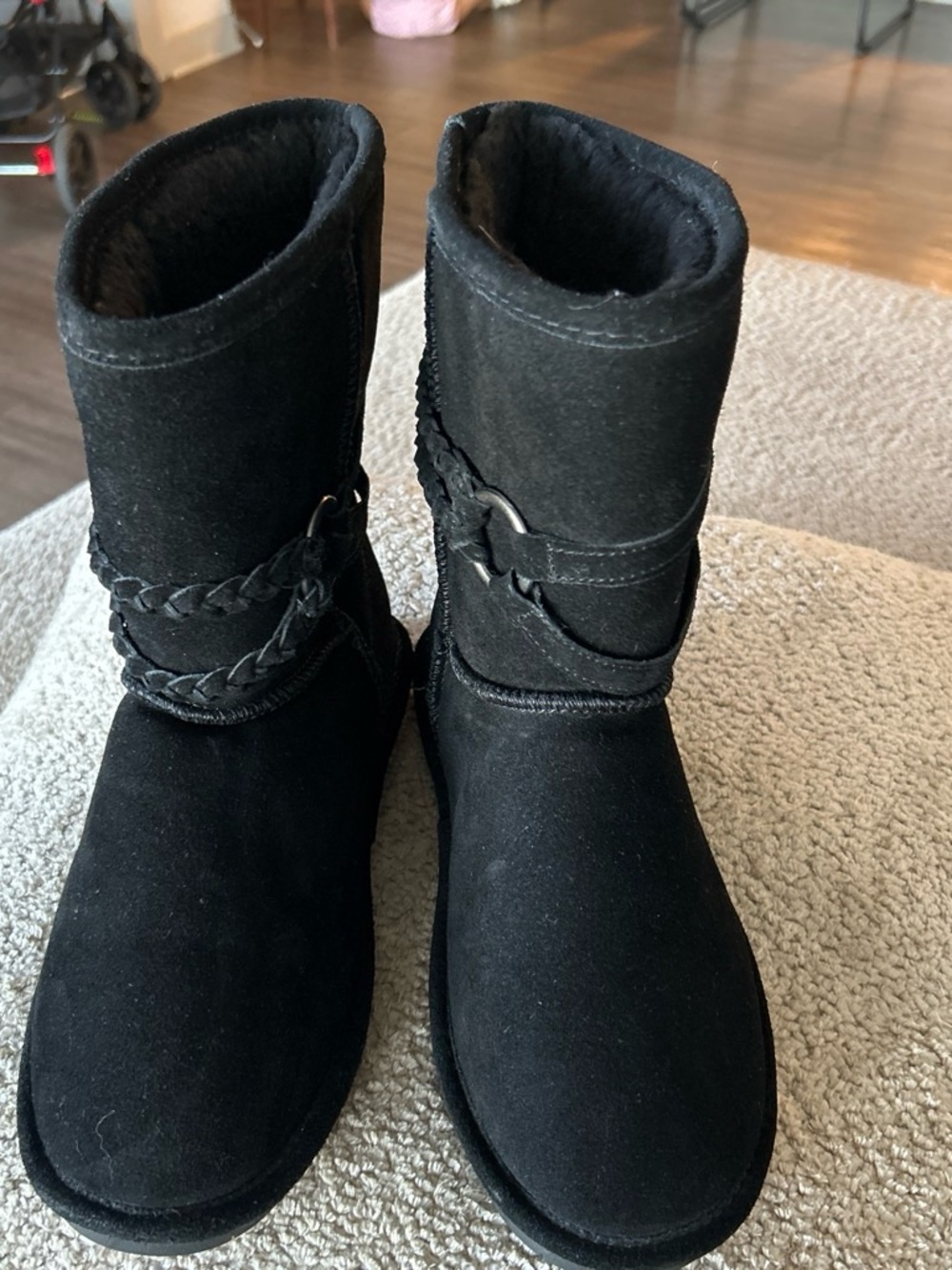 BearPaw Black Mid-Calf Winter Boots with Braided Strap
